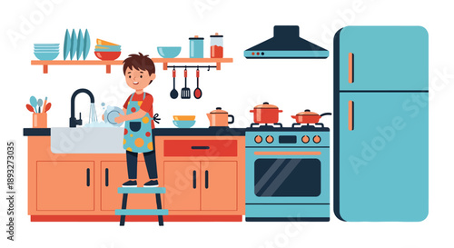 Independent little boy washing dishes at the sink, modern flat vector promoting good habits and responsible daily home routine
