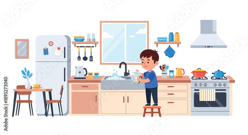 Independent little boy washing dishes at the sink, modern flat vector promoting good habits and responsible daily home routine