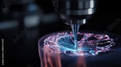 Precision technology creating an intricate pattern of glowing particles and light on a dark background, representing data, science, or future manufacturing.