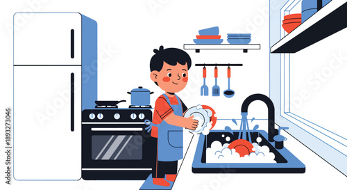 Independent little boy washing dishes at the sink, modern flat vector promoting good habits and responsible daily home routine