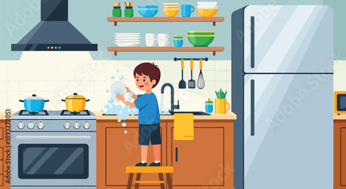 Independent little boy washing dishes at the sink, modern flat vector promoting good habits and responsible daily home routine