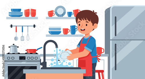Independent little boy washing dishes at the sink, modern flat vector promoting good habits and responsible daily home routine