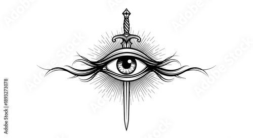 A beauty illustration of a blue human eye with long black eyelashes and a detailed iris showcasing a fashion makeup look for a woman