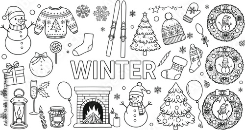 Winter holiday doodle vector set with snowmen, Christmas trees, fireplace, gifts, skis, wreaths, and cozy seasonal decorations
