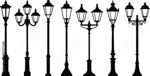Retro street lantern and vintage lamp post silhouettes, black classic urban lighting icons isolated on white for architecture design assets
