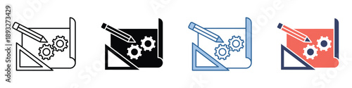 Blueprint engineering design and development concept icon, symbolizing planning, innovation, and mechanical processes with gears and essential drafting tools