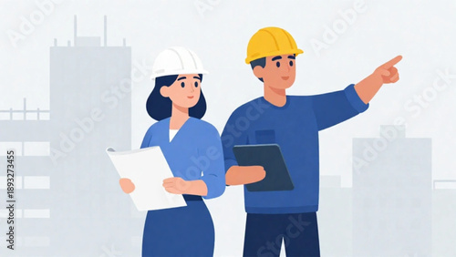 Male and female architects in hardhats discussing building project with blueprints and digital tablet on construction site background
