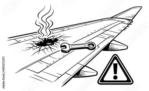 Line art illustration of an airplane wing depicting mechanical damage, a wrench, and a warning sign for aviation safety