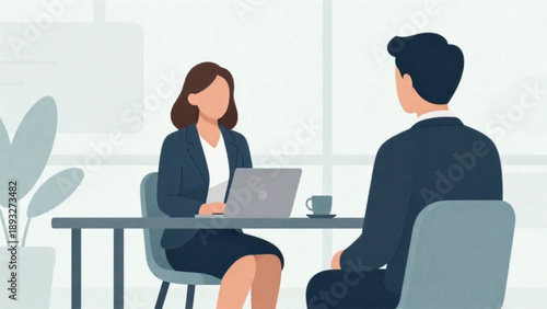 Professional business woman conducting a job interview with a candidate in a modern office setting.