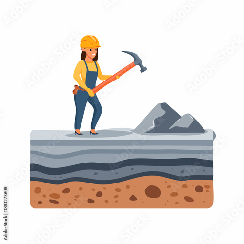 Woman Construction Worker with Hammer on Layered Ground
