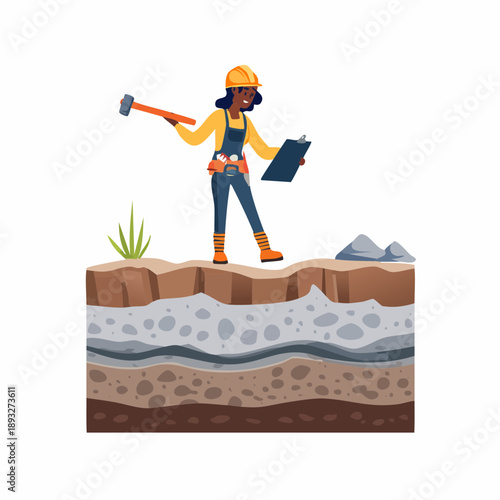 Geologist Studying Soil Layers with Hammer and Clipboard