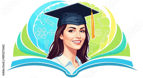 Graduated woman in academic cap smiling with open book and globe background