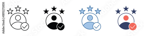 Multiple icons representing a verified user profile with stars, symbolizing approval, quality, and premium status for member accounts or top-rated users