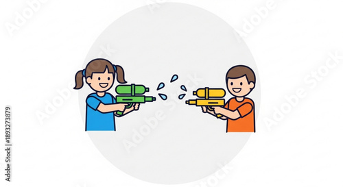 Two kids playing with water guns on a sunny day having fun and enjoying outdoor water fight