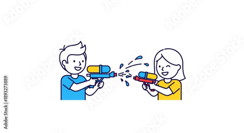 Two kids playing with colorful water guns on a sunny day having fun and laughing