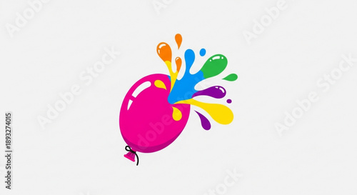 Vibrant pink balloon exploding with colorful paint splashes on white background symbolizing joy and creativity