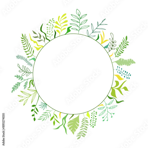 Circular frame of spring leaves, isolated on a white background, vector illustration