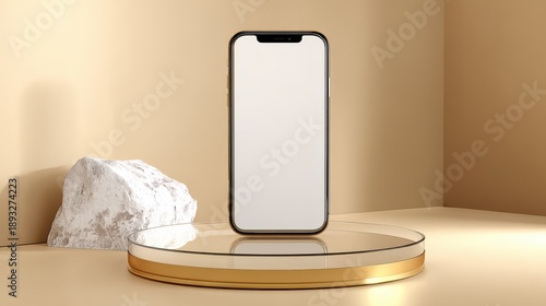 Modern smartphone with blank screen on a golden glass pedestal with a white rock on a beige studio background for product presentation or mockup