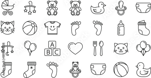 Tropical travel and ocean life line icon set featuring beach, marine animals, food, flip flops, and Asian elements
