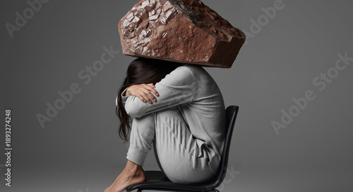 Woman burdened by a heavy rock on her head symbolizing mental health, stress, anxiety, and depression