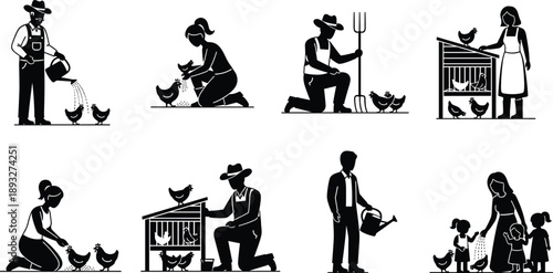 “Silhouettes of farmers, women, and children feeding chickens, tending to hens, and caring for poultry in rural farm settings, illustrating family farm life and agriculture”
