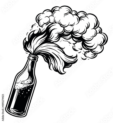 Hand drawn illustration of a molotov cocktail depicting burning fuse and smoke for protest concepts