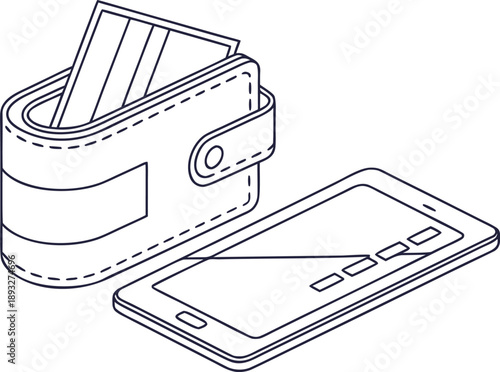 Digital Wallet Outline Icon – Secure Mobile Wallet with Card, Cashless Payment and Fintech Banking Concept