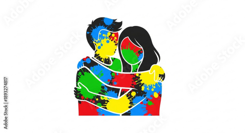 Vibrant couple embracing with colorful paint splatters on their shirts in a heartwarming moment of love and connection