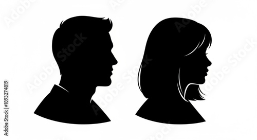 Silhouette profiles of a man and a woman facing each other.