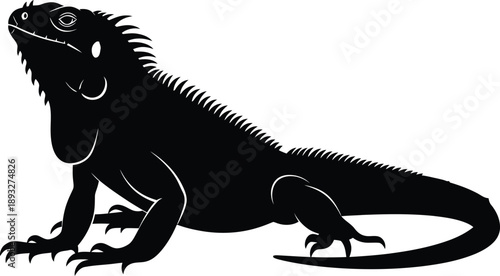 Silhouette illustration of an iguana reptile with detailed scales and a prominent crest on its head, isolated on a white background