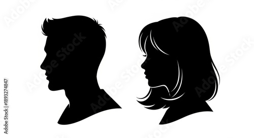 Silhouette profiles of a man and a woman facing each other.