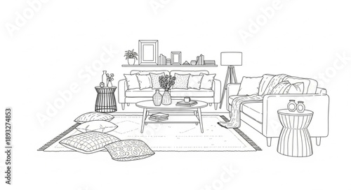 Vintage illustration of a living room interior with furniture and decor.