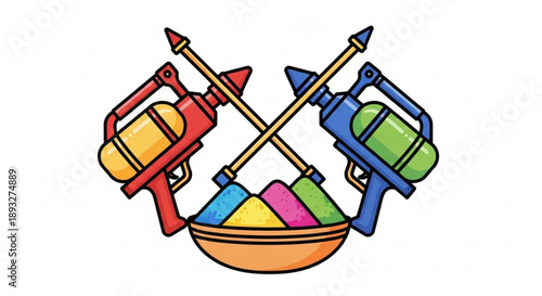 Colorful holi water guns and powder in a bowl holi festival celebration vibrant colors