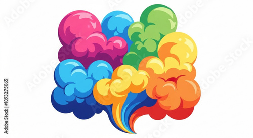 Vibrant rainbow colored speech bubble clouds floating on white background symbolizing diverse communication and expression