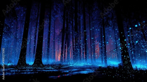 Enchanted magical forest at night with glowing blue bioluminescent lights and tall tree silhouettes