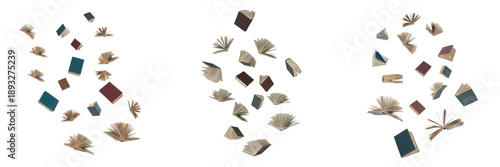 Creative Concept of Flying Open Books and Journals Falling Through the Air Isolated on White Background