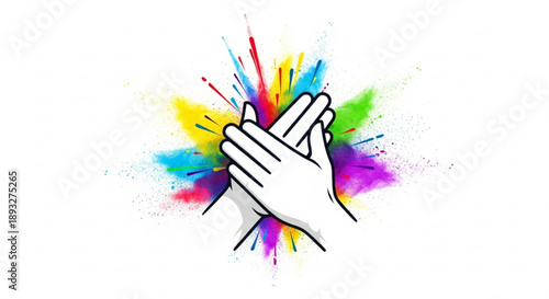 Hands clasped together with colorful paint splashes on white background symbolizing creativity and celebration