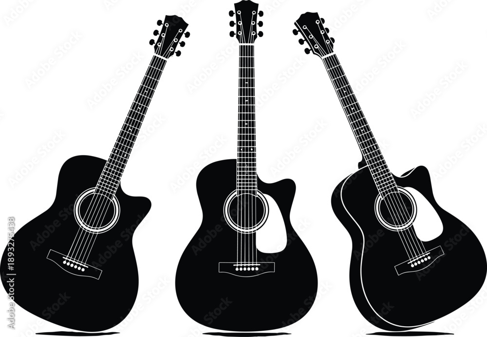 Fototapeta premium Acoustic guitar silhouette collection featuring various professional musical instruments, cutaway body styles, and stringed wood instruments for music 