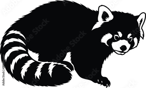 Black and white silhouette of a red panda curled up, showcasing its distinctive striped tail and facial markings