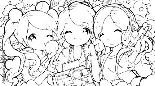 Cheerful Trio: An enchanting illustration of three smiling children, exuding innocence and youthful glee. Perfect for adding a touch of whimsy and joy to any project.