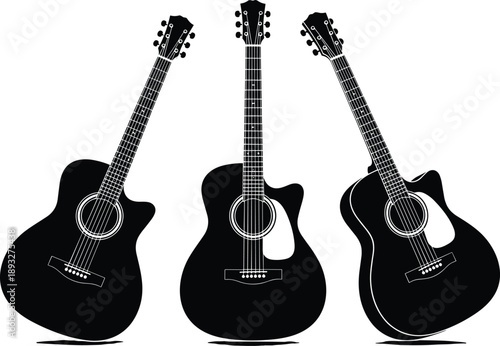 Acoustic guitar silhouette collection featuring various professional musical instruments, cutaway body styles, and stringed wood instruments for music 