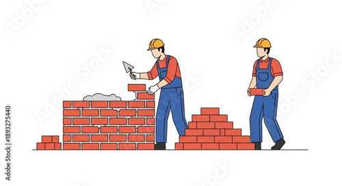 Two construction workers building a brick wall on a white background.
