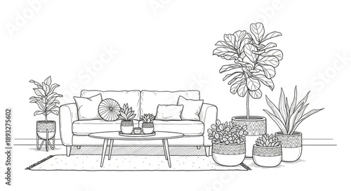 Sketch of a modern living room with plants and sofa.