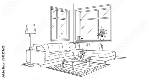 Sketch of a modern living room interior with sofa and windows.