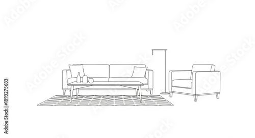 Sketch of a modern living room furniture set including sofa armchair and lamp.