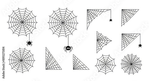 Set of various black spider webs and cartoon spiders