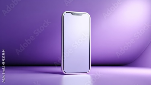 3D render of a modern smartphone mockup with a blank screen standing on a purple studio background