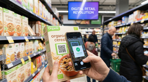 Digital retail revolution using qr codes for organic cereal shopping in supermarket aisles
