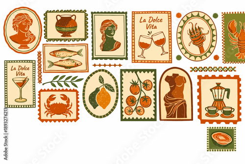 A collection of vintage-style Italian and Mediterranean themed stamps and labels featuring classical busts, food, drinks, and cultural elements.