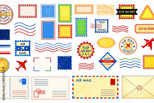 A comprehensive collection of colorful postage stamps, envelopes, and postal elements for mail and communication.